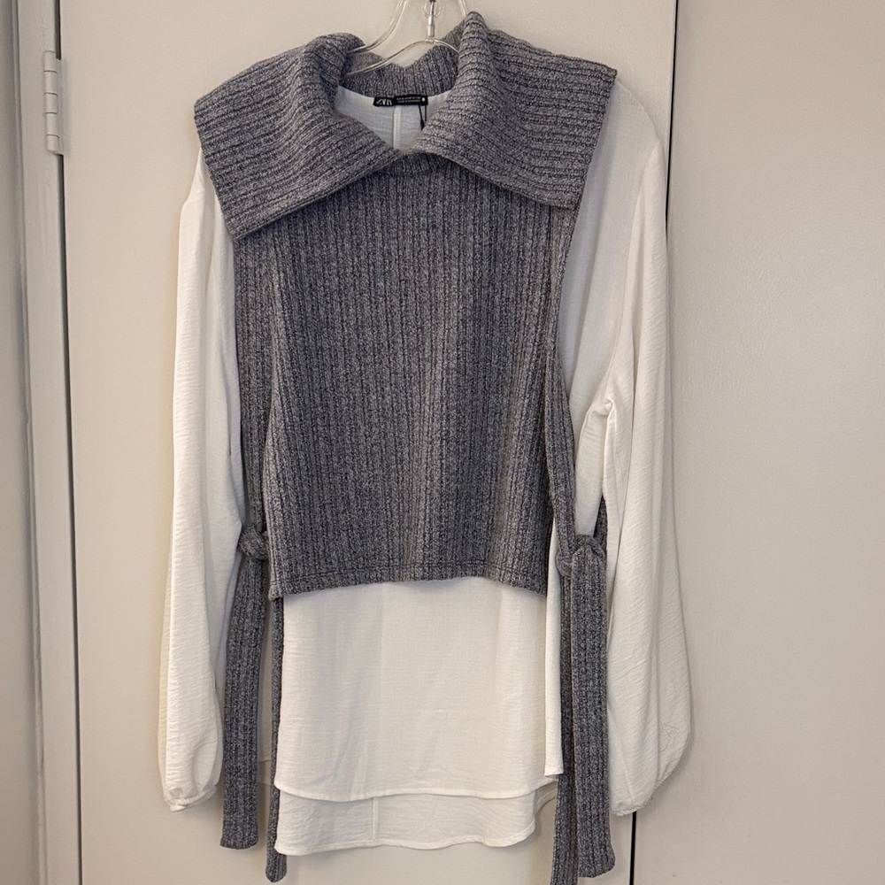 Zara Brand New Gray Ribbed Sweater Vest with White shirt